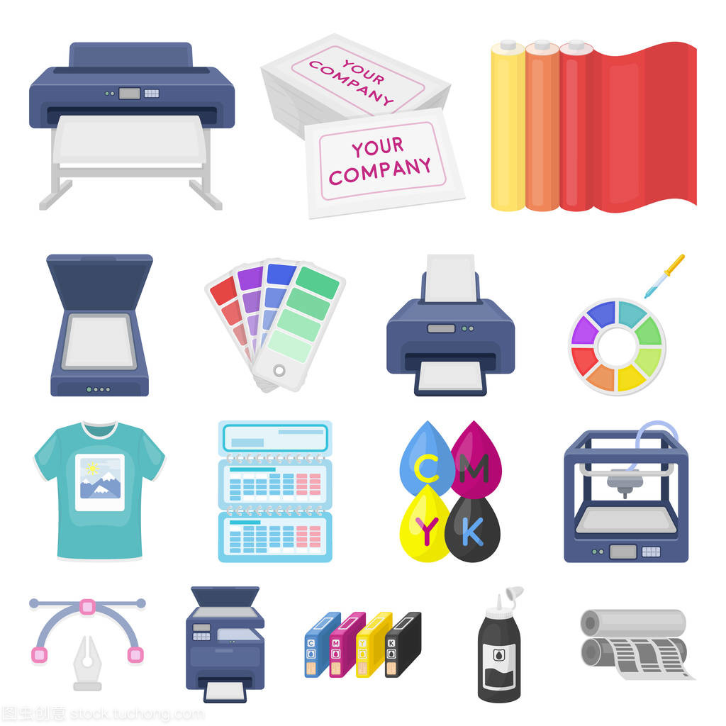 印刷產品卡通圖標集合中的設計。印刷和設備矢量符號庫存 web 插圖